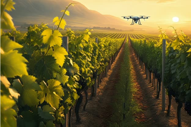 Dron sobrevolando un viñedo al atardecer