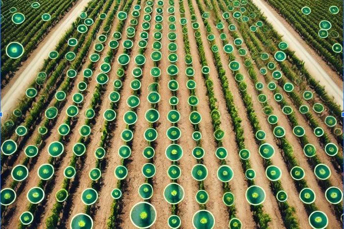 Hileras de viñedo con plantas detectadas por visión artificial