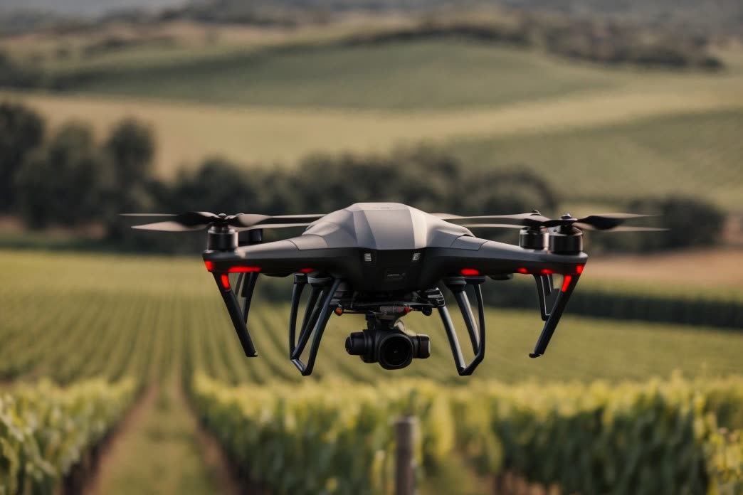 Dron sobrevolando un viñedo