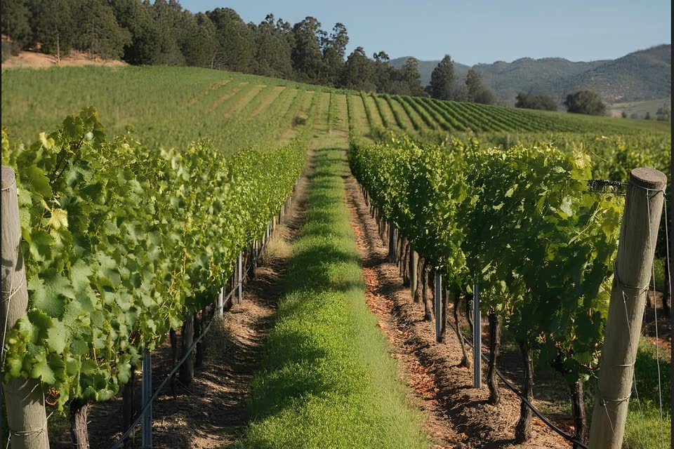 Hileras de viñedo con cubierta vegetal entre las calles